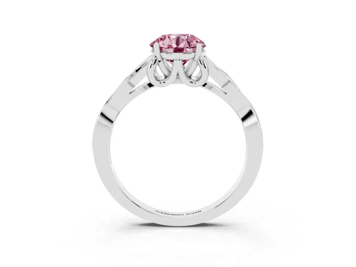 Fancy Pink Round Cut Diamond Solitaire Engagement Ring with Celtic Knot Band and Four-Prong Setting Silver