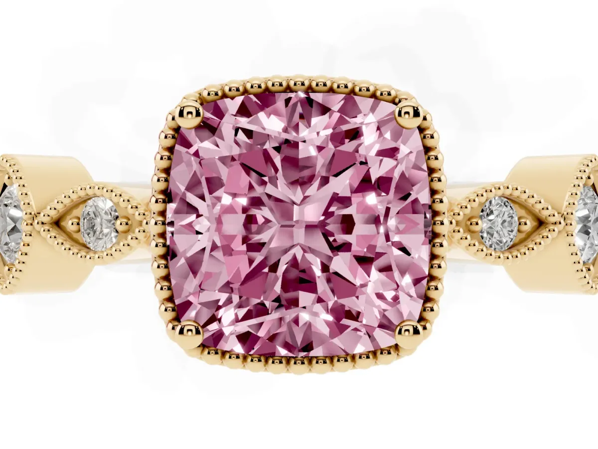 Fancy Pink Cushion Cut Diamond Vintage Milgrain Ring with Round Stations Yellow gold