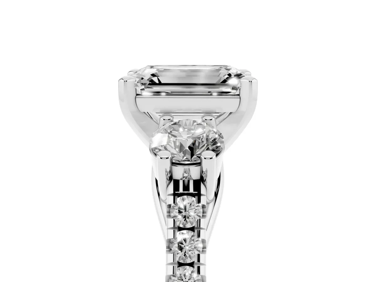 Three-Stone Emerald Cut Diamond Pavé Band with Four-Prong Setting Silver