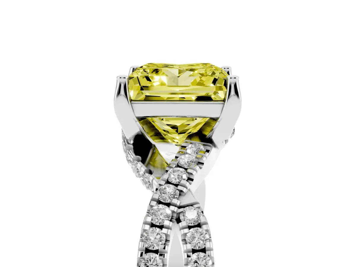 Fancy Yellow Princess Cut Solitaire Twist Pave Diamond Engagement Ring with Prong Setting Silver