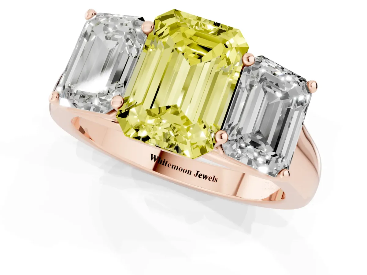 Fancy Yellow Emerald Cut Three-Stone Diamond Ring with Prong Setting on a Classic Band Rose gold