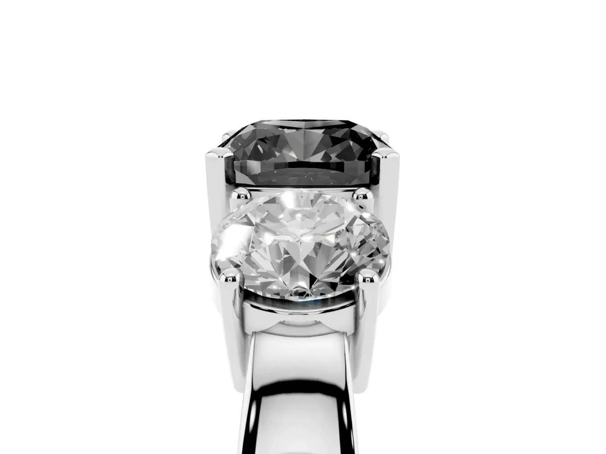Fancy Black Three-Stone Cushion Cut Diamond Ring with Round Side Stones, Classic Band, and Four-Prong Setting Silver