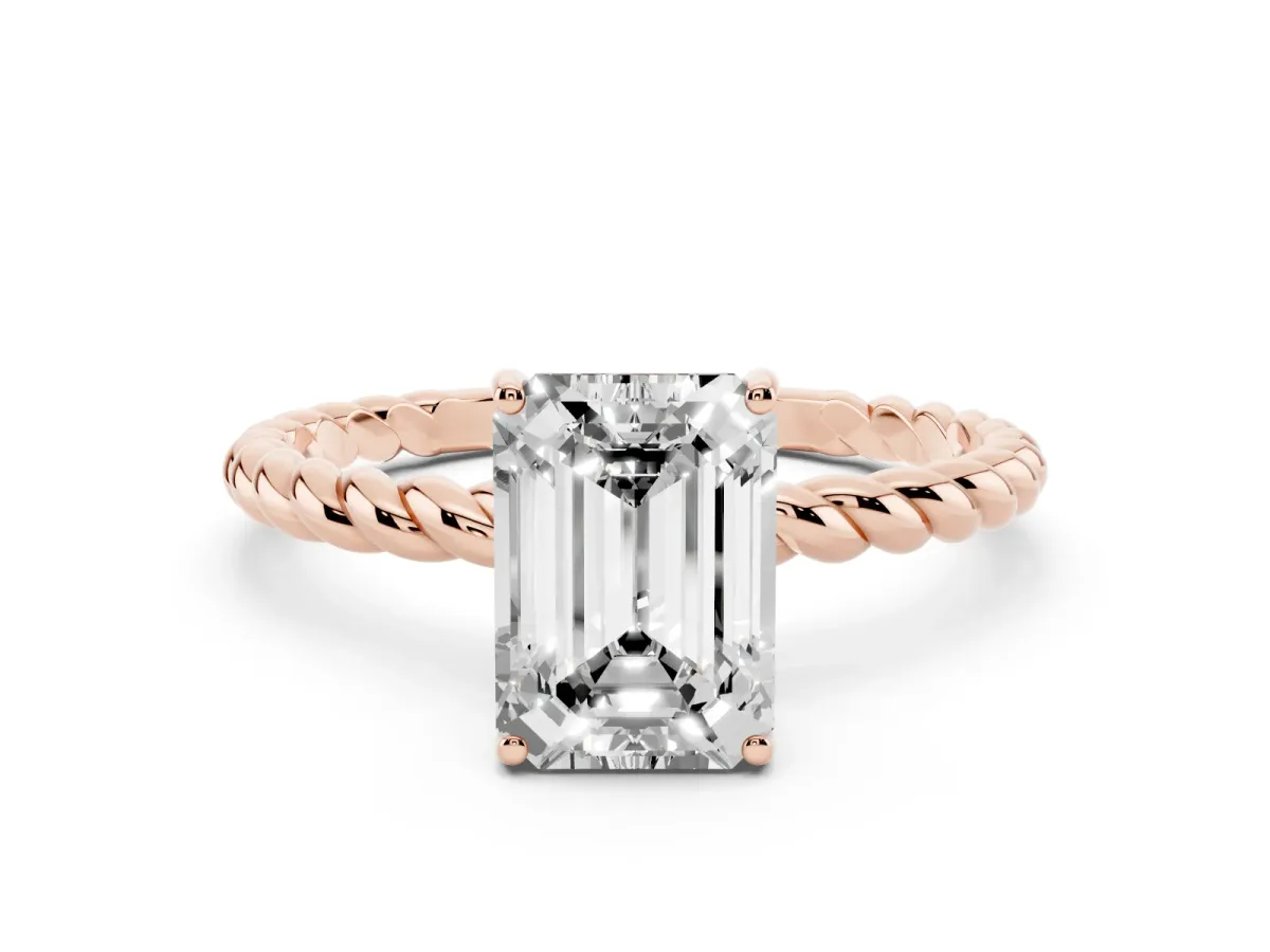 Emerald Cut Solitaire Twisted Band 4-Prong Ring Rose gold