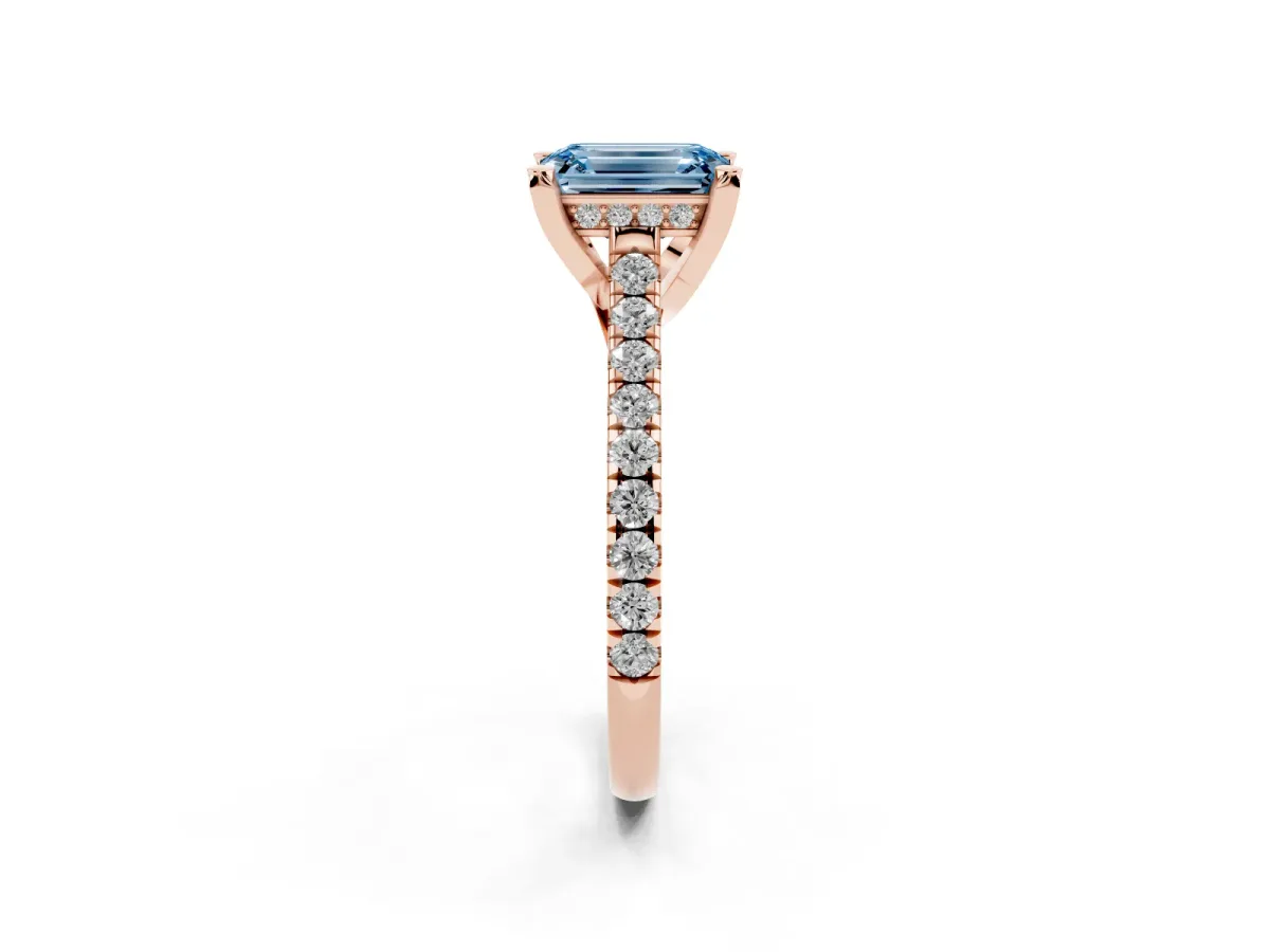 Fancy Blue Emerald Cut Brilliant Diamond Solitaire with Pavé Band and Four-Prong Setting Rose gold