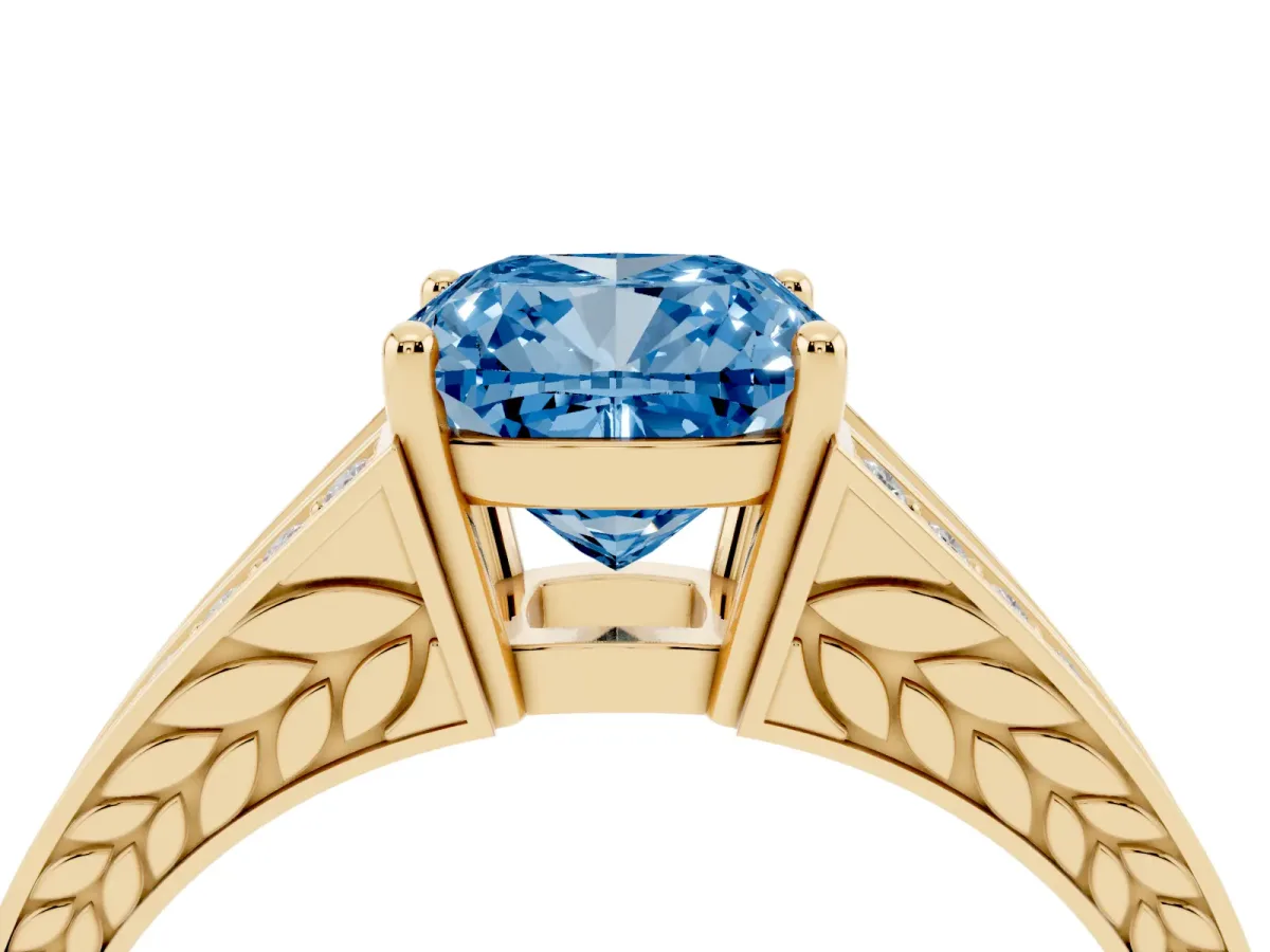 Fancy Blue Cushion Cut Diamond Split Shank Ring with Pavé Band and Four-Prong Setting Yellow gold