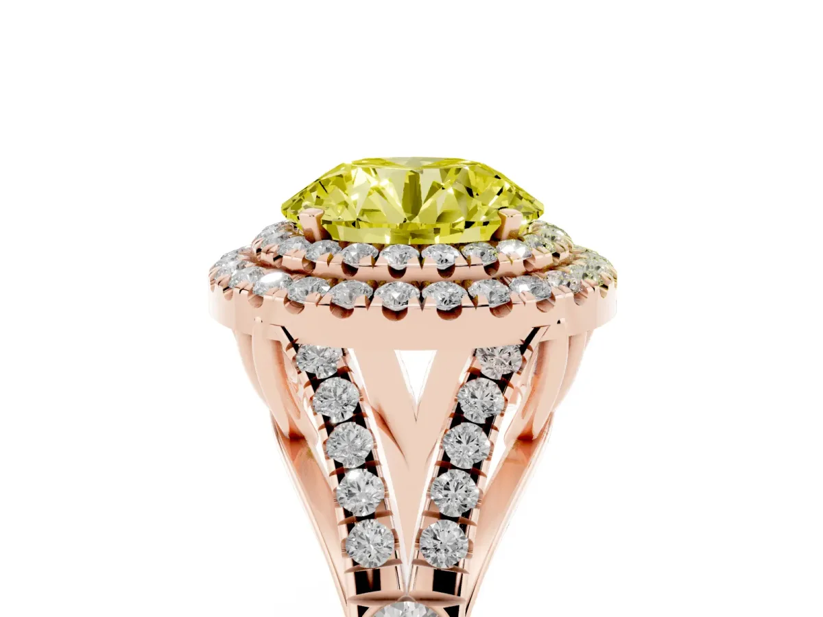 Fancy Yellow Round Cut Diamond Double Halo Ring with Split Shank and Prong Setting Rose gold