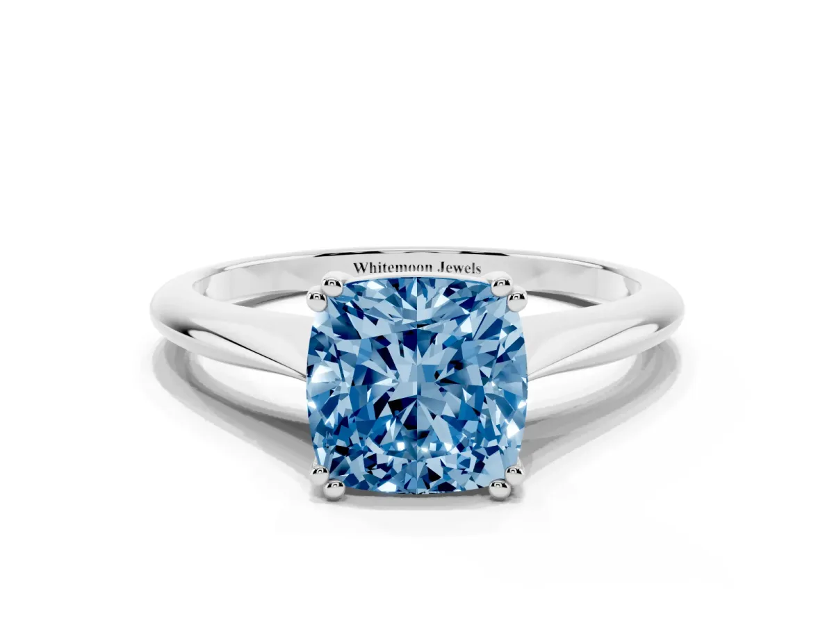 Fancy Blue Cushion Cut Solitaire Diamond Ring with Six-Prong Setting and Classic Band Silver
