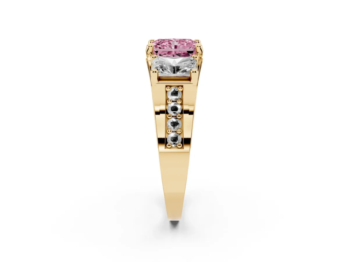 Fancy Pink Radiant Cut Diamond Three-Stone Ring with Channel Set Band and Four-Prong Setting Yellow gold