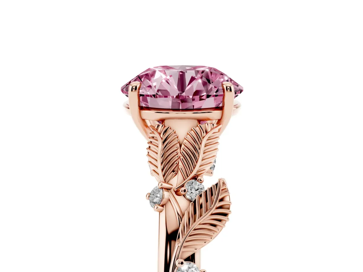 Fancy Pink Round Cut Diamond Solitaire Ring with Leaf Motif Band and Four-Prong Setting Rose gold