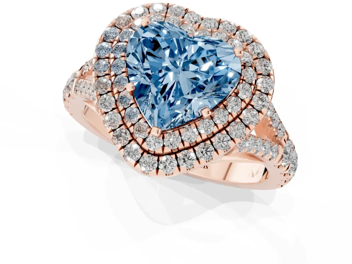 Fancy Blue Heart Cut Cut Double Halo Split Shank Diamond Ring with Prong Setting Rose gold