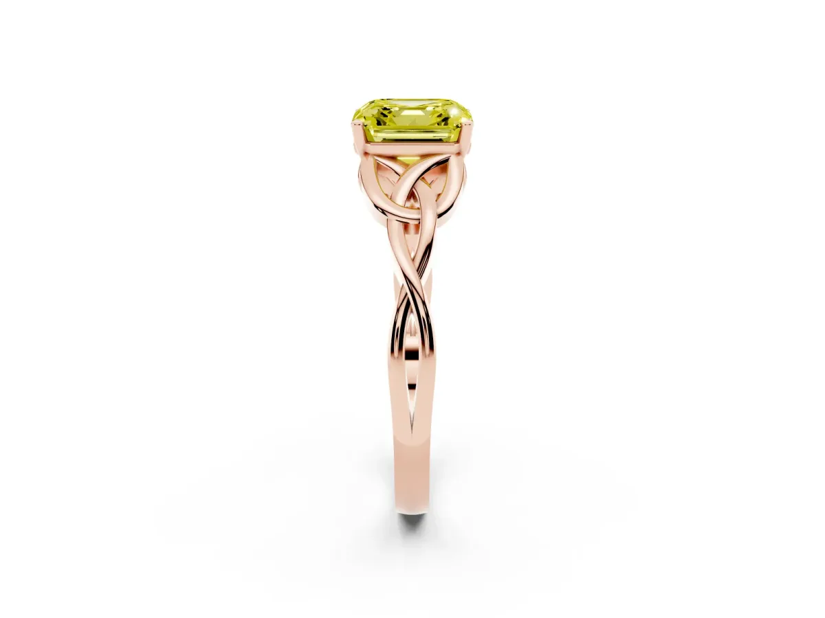 Fancy Yellow Asscher Cut Diamond Solitaire Engagement Ring with Celtic Knot Band and Four-Prong Setting Rose gold
