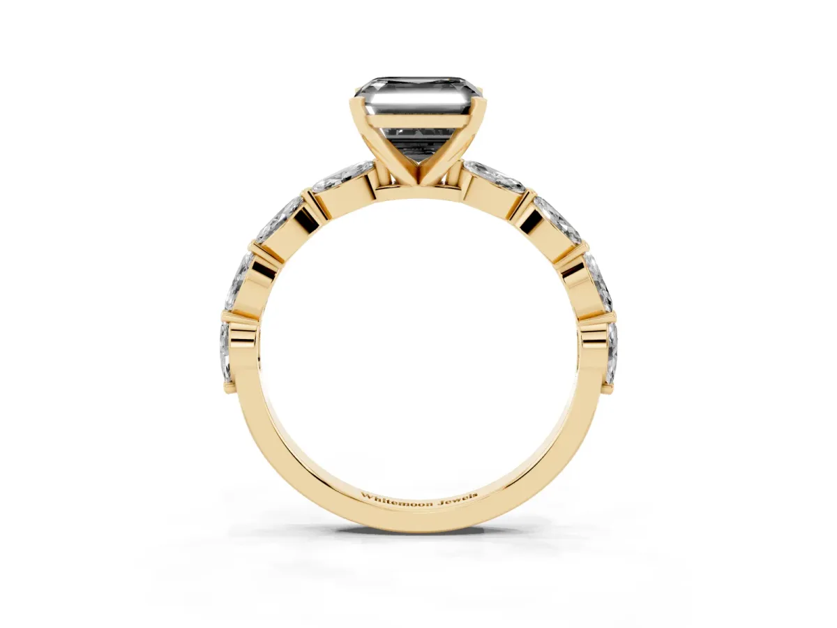 Fancy Black Asscher Cut Diamond Ring with Marquise Side Stones and Prong Setting Yellow gold