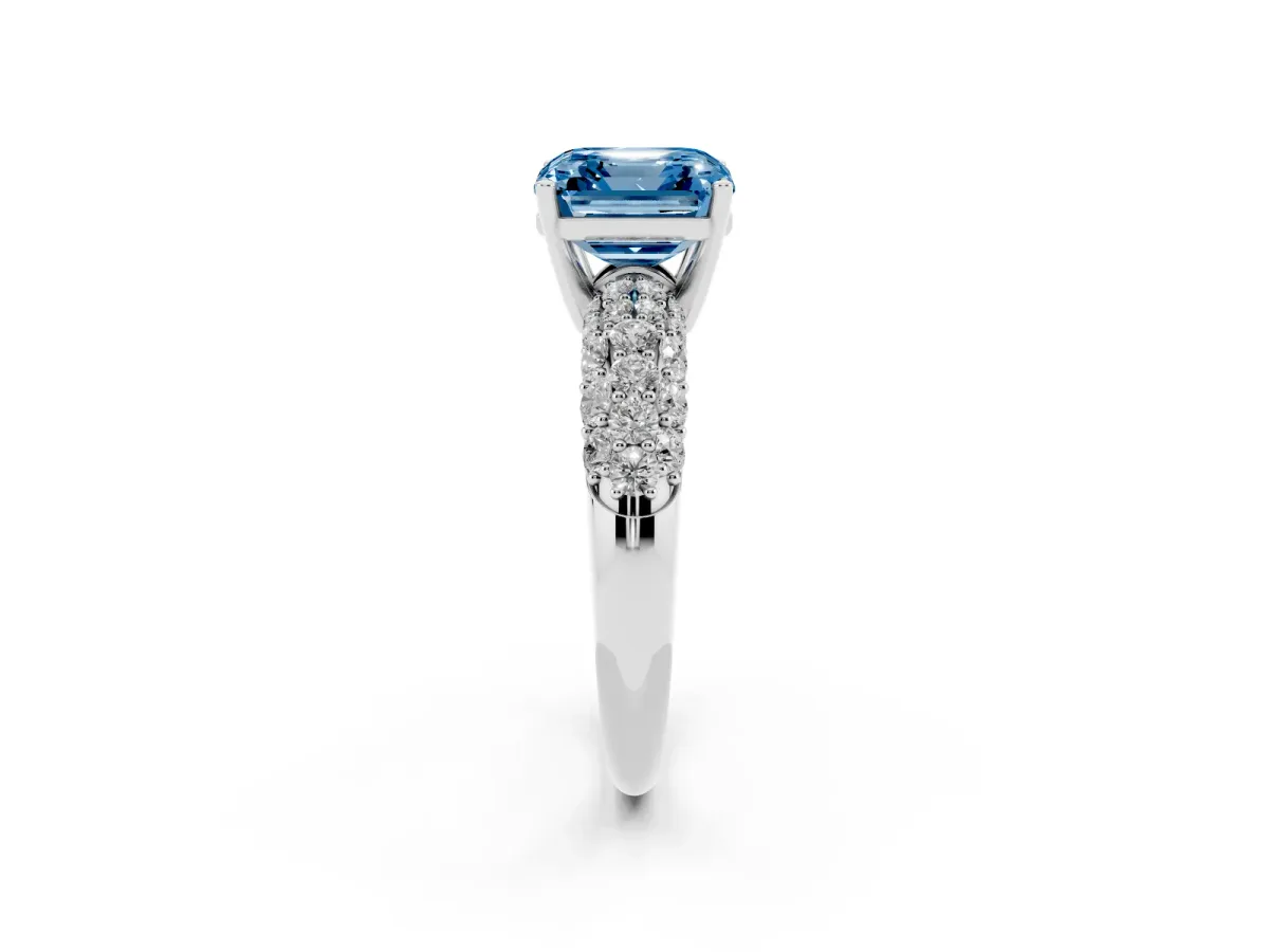 Fancy Blue Asscher Cut Diamond Pavé Band Solitaire Ring with Four-Prong Setting Silver