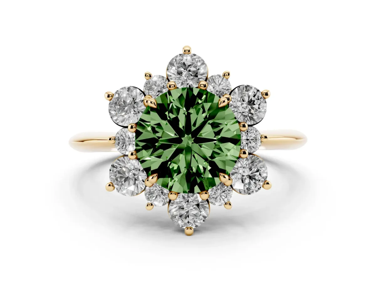 Fancy Green Round Cut Diamond Cluster Halo Ring with Solitaire Band and Four-Prong Setting Yellow gold