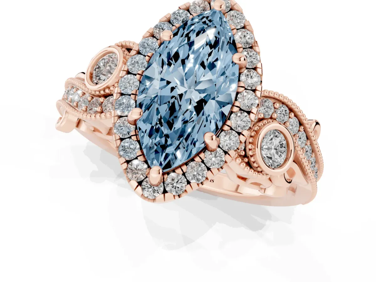 Fancy Blue Marquise Cut Halo Diamond Ring with Milgrain and Bezel Accents on a Split Shank Band Rose gold