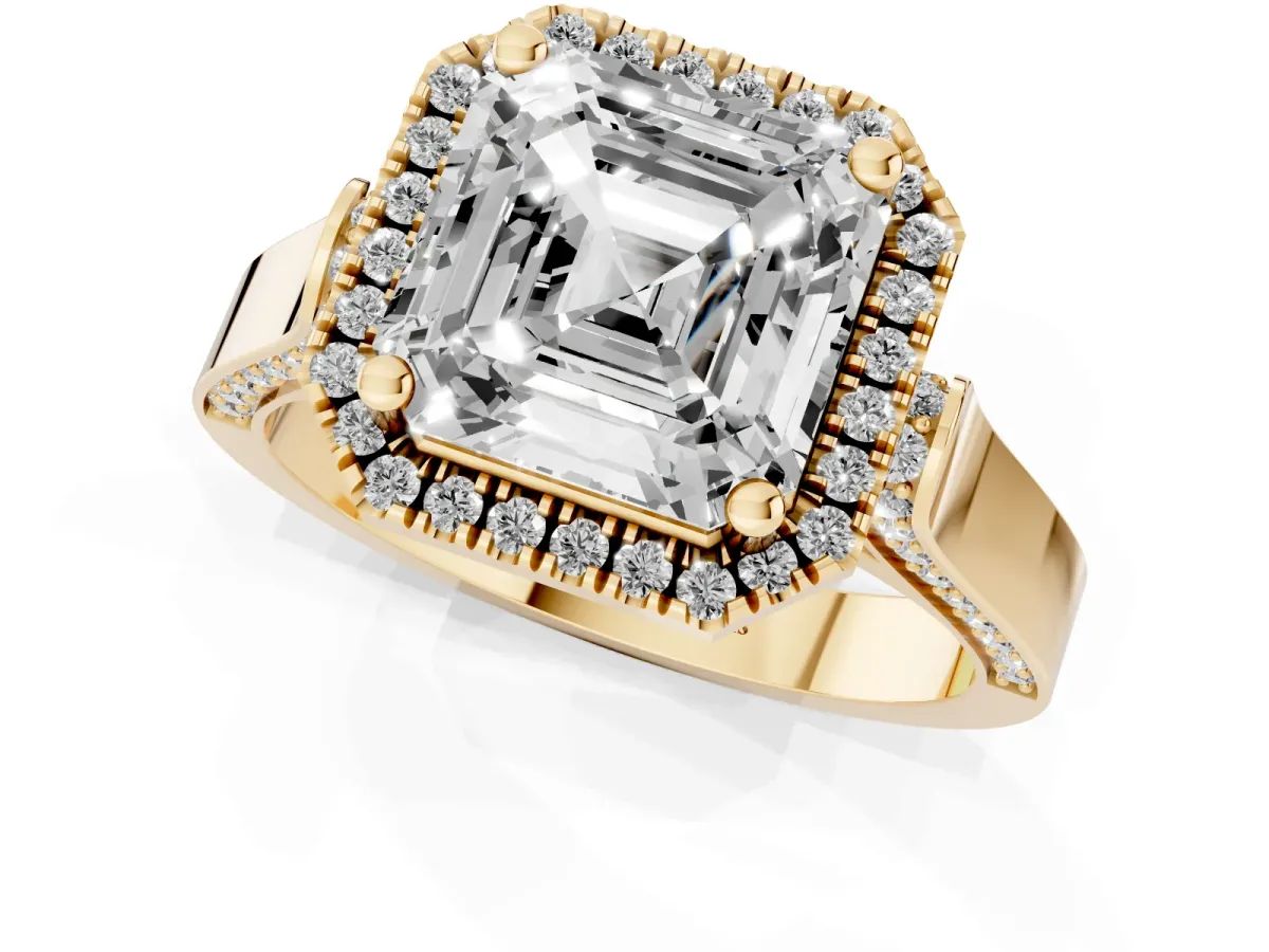 Asscher Cut Halo Pave Split Shank Prong Setting Ring Yellow gold