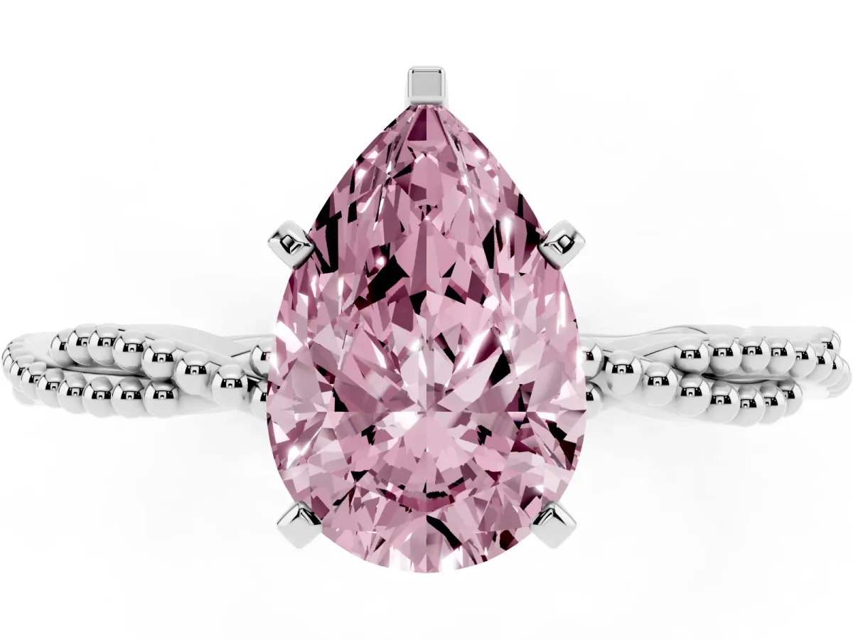 Fancy Pink Pear Cut Solitaire Twisted Band with Bead Prong Setting White gold