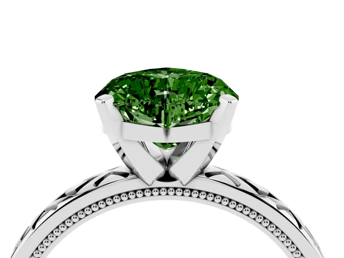 Fancy Green Heart Cut Solitaire Diamond Ring with Milgrain and Black Enamel X Pattern Band Silver
