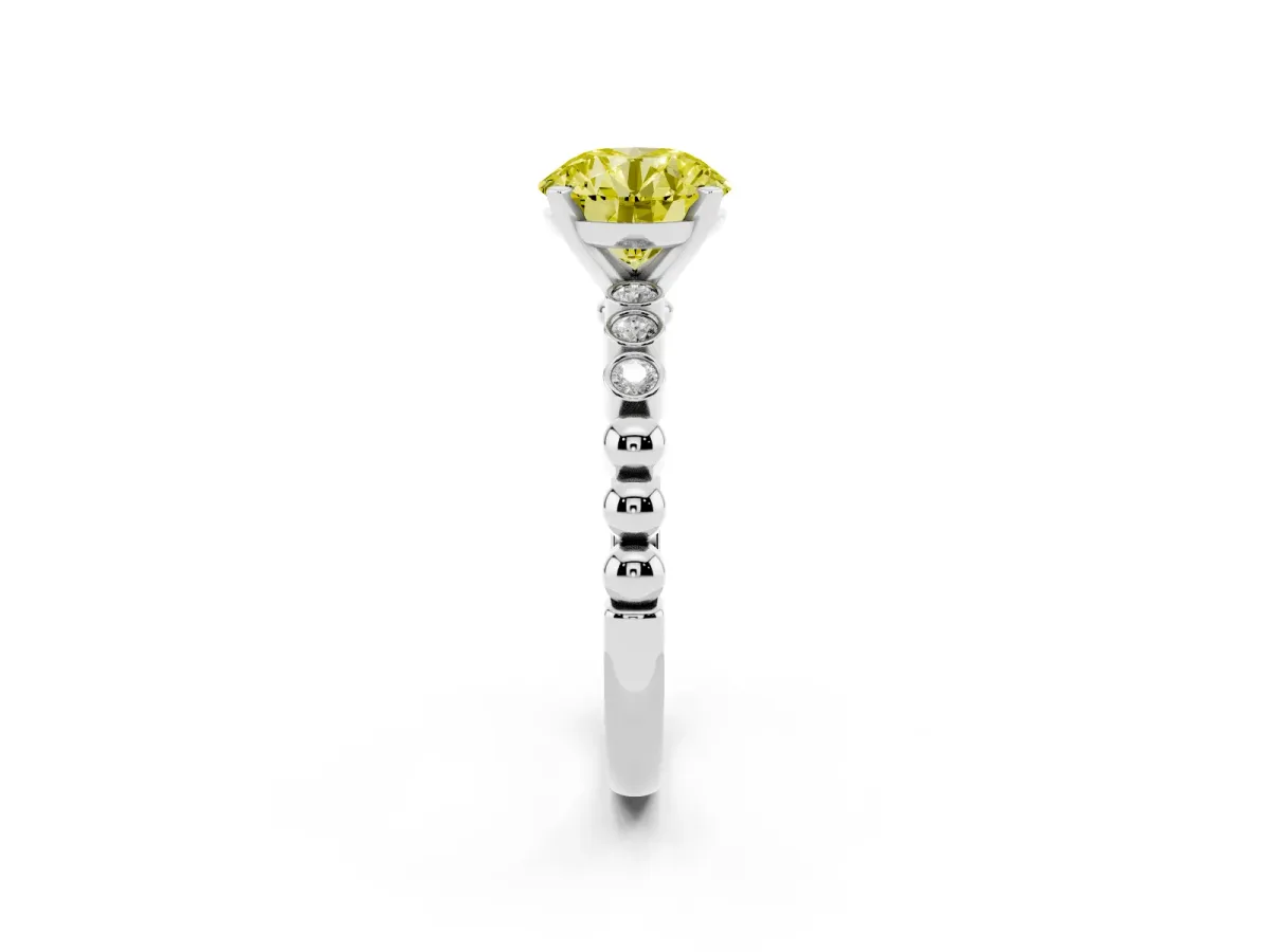 Fancy Yellow Round Cut Solitaire Bezel Accent Diamond Engagement Ring with Beaded Band and Four-Prong Setting Silver