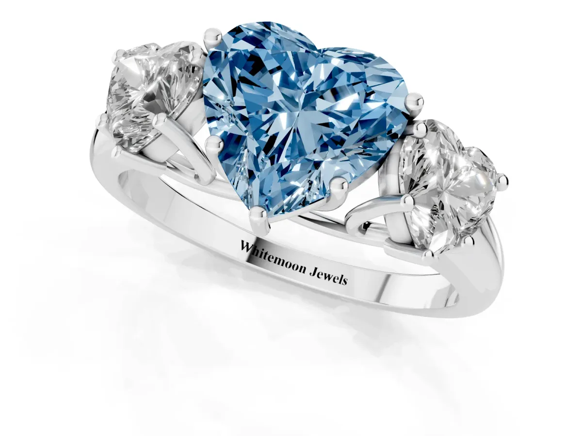 Fancy Blue Three-Stone Heart Cut Diamond Engagement Ring with Prong Setting White gold