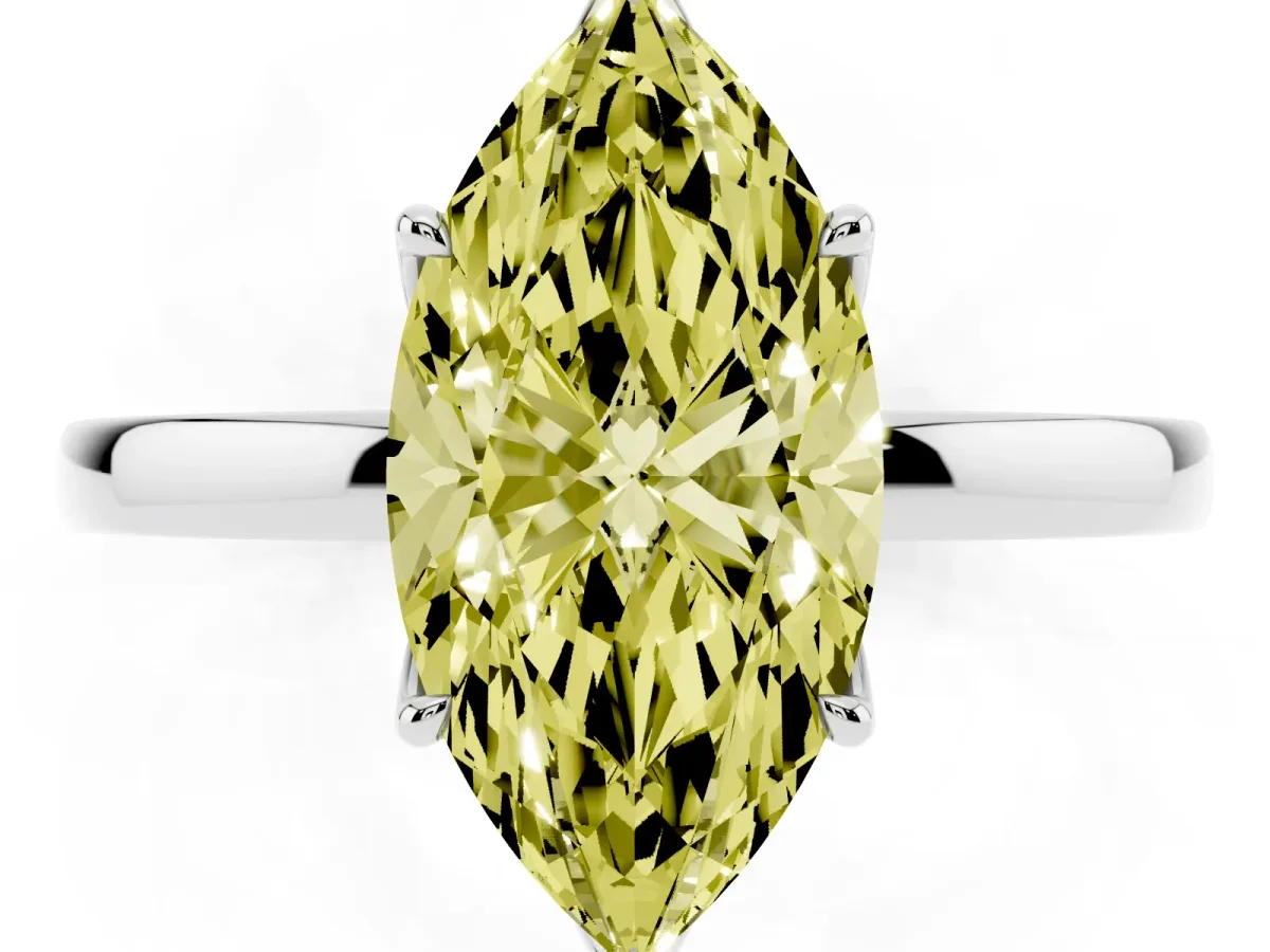 Fancy Yellow Marquise Cut Diamond Solitaire Ring with Thin Band and Prong Setting Silver