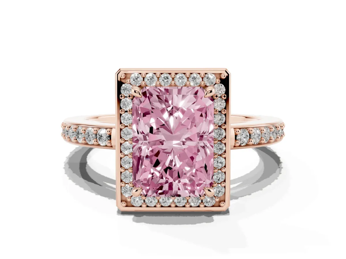 Fancy Pink Radiant Cut Halo Pave Band Solitaire Ring with Prong Setting Rose gold
