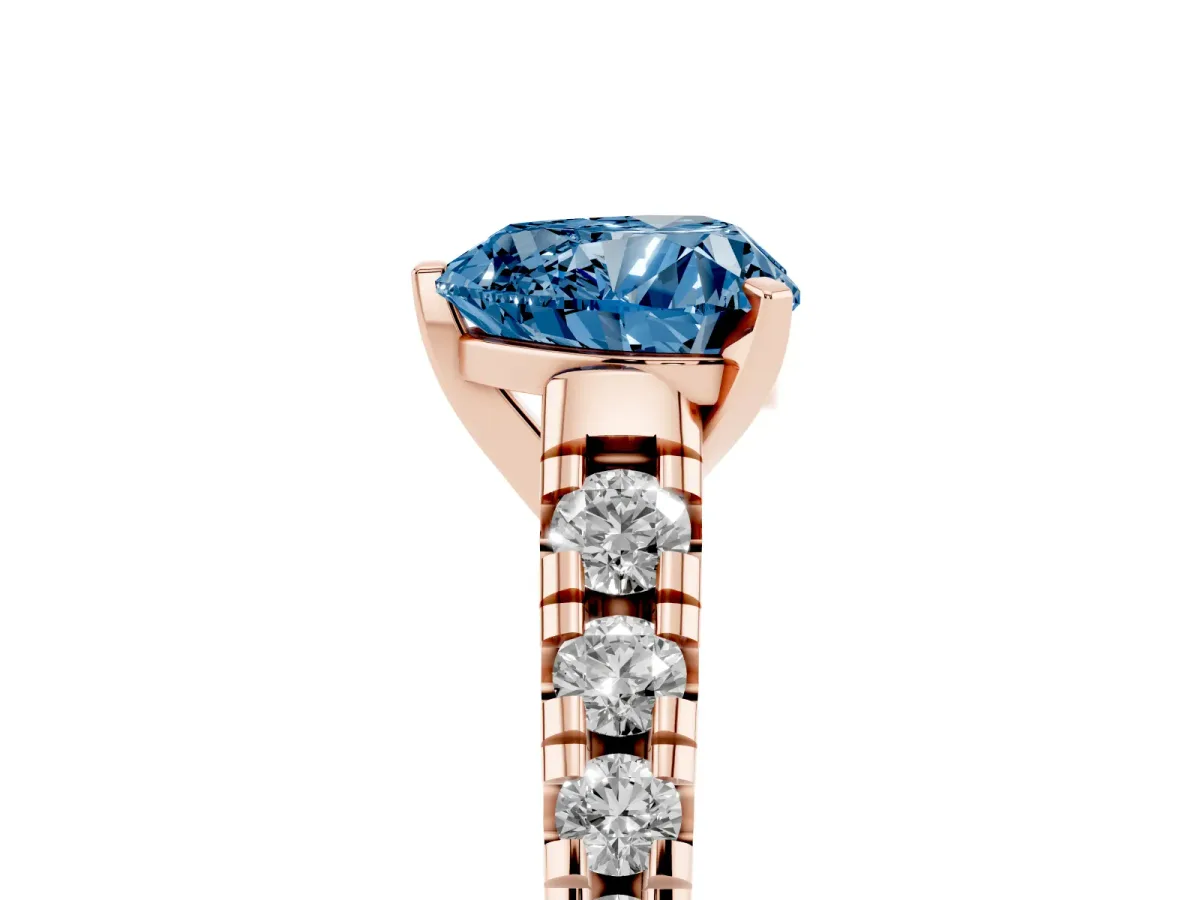Fancy Blue Heart Cut Diamond Cathedral Solitaire Ring with Round Pavé Band Rose gold