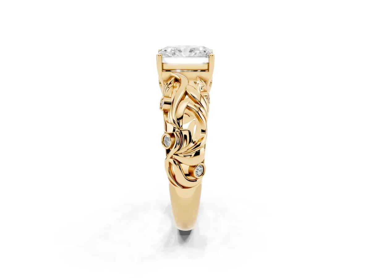 Radiant Cut Solitaire Diamond Leaf-Inspired Vine Band Ring with Prong Setting Yellow gold