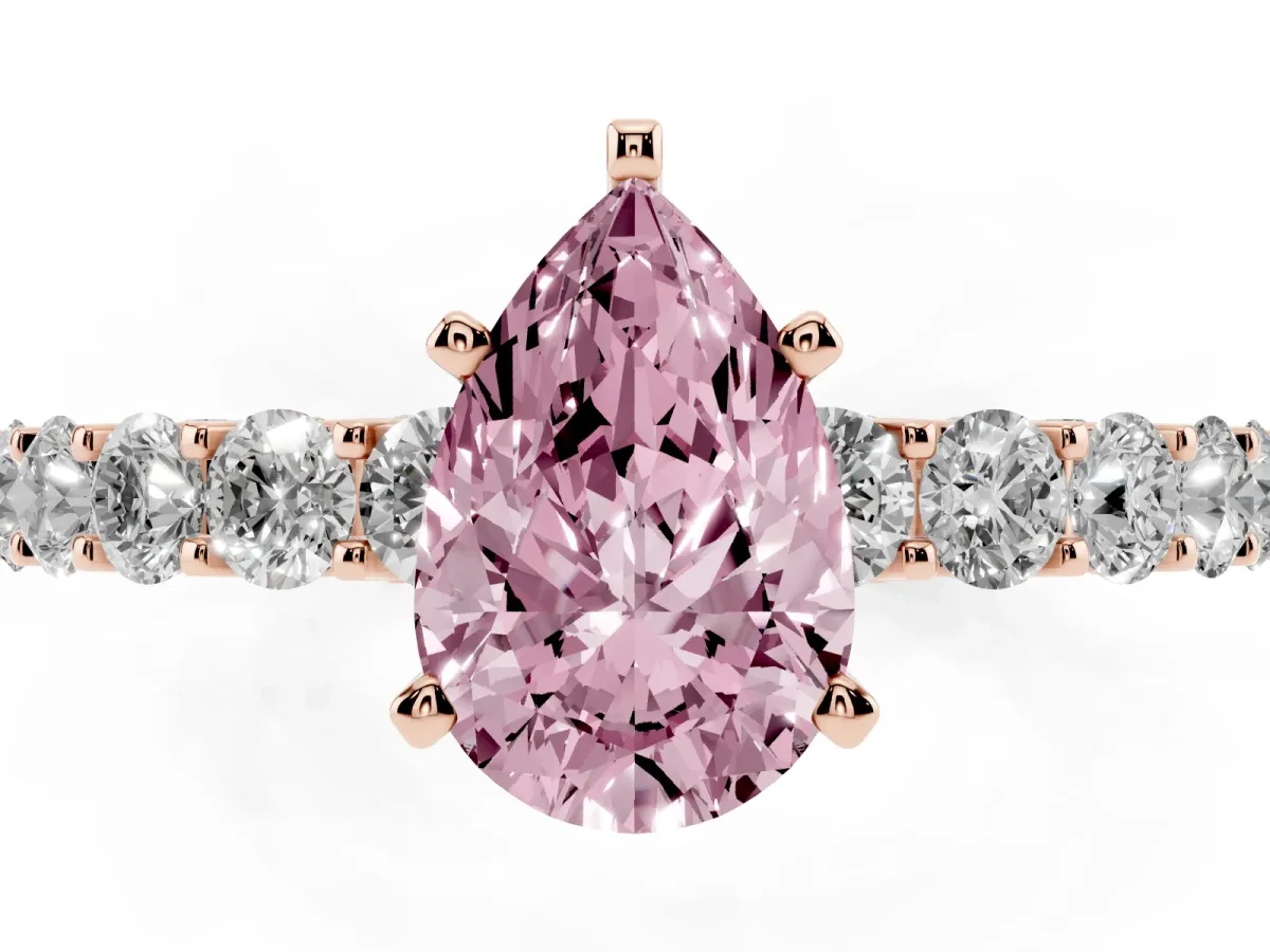 Fancy Pink Pear Cut Diamond Solitaire Ring with Shared Prong Pavé Band and Four-Prong Setting Rose gold