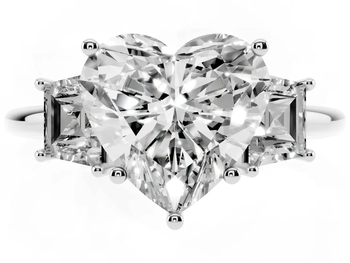 Heart Cut Diamond Three-Stone Ring with Trapezoid Side Stones and Prong Setting Platinum