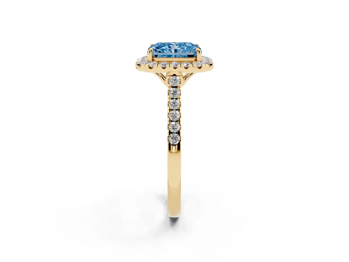Fancy Blue Radiant Cut Halo Pavé Diamond Engagement Ring with Four-Prong Setting Yellow gold