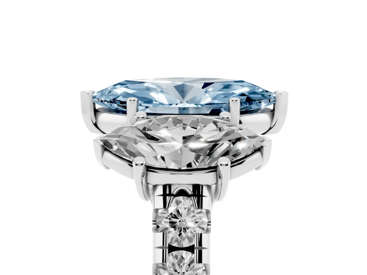 Fancy Blue Three-Stone Marquise Cut Diamond Pavé Band with Prong Setting Platinum
