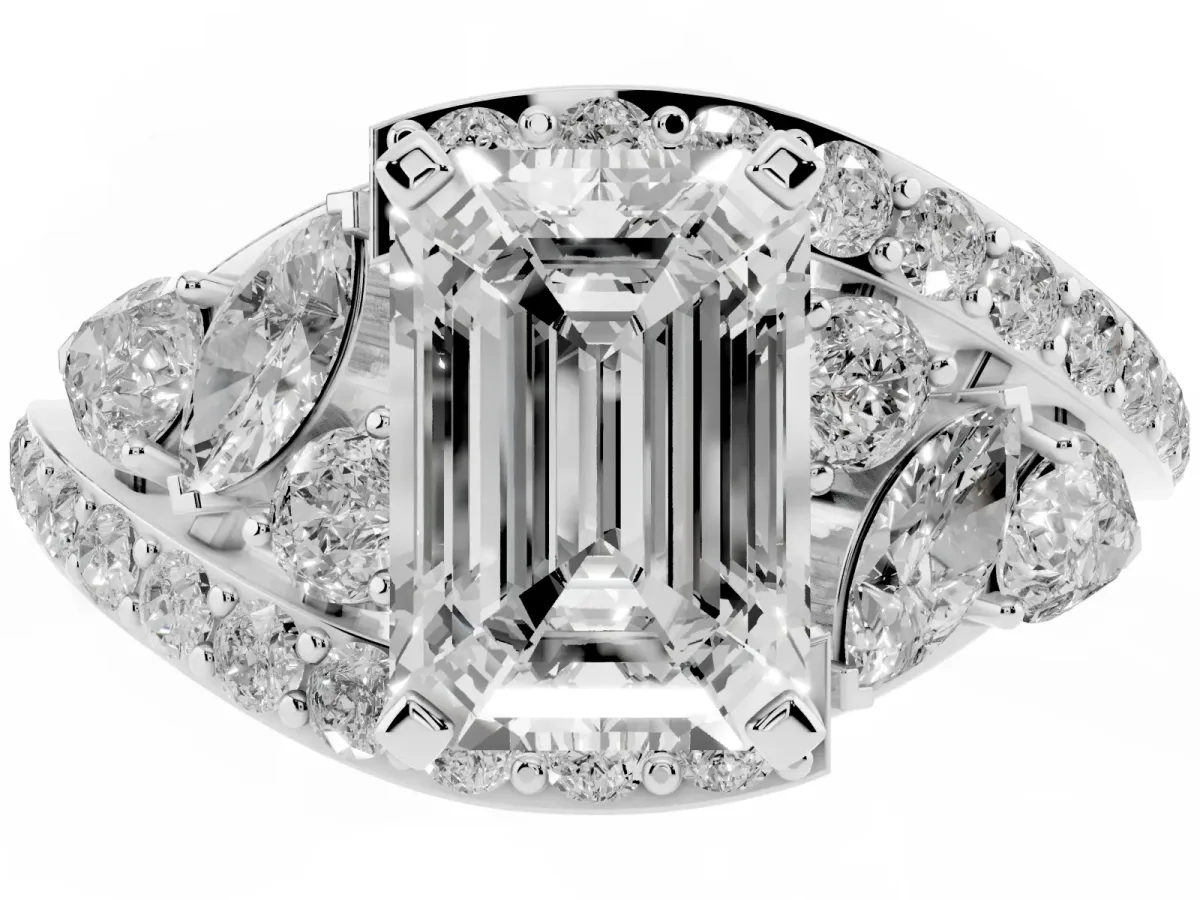 Emerald Cut Diamond Halo Ring with Marquise and Pavé Band in Prong Setting Platinum