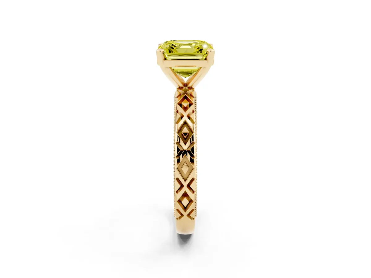 Fancy Yellow Asscher Cut Solitaire Diamond Ring with Milgrain and Black Enamel X Pattern Band Yellow gold