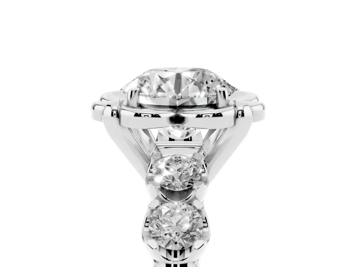 Round Cut Cut Diamond Floral Halo Engagement Ring with Shared Prong Setting Silver