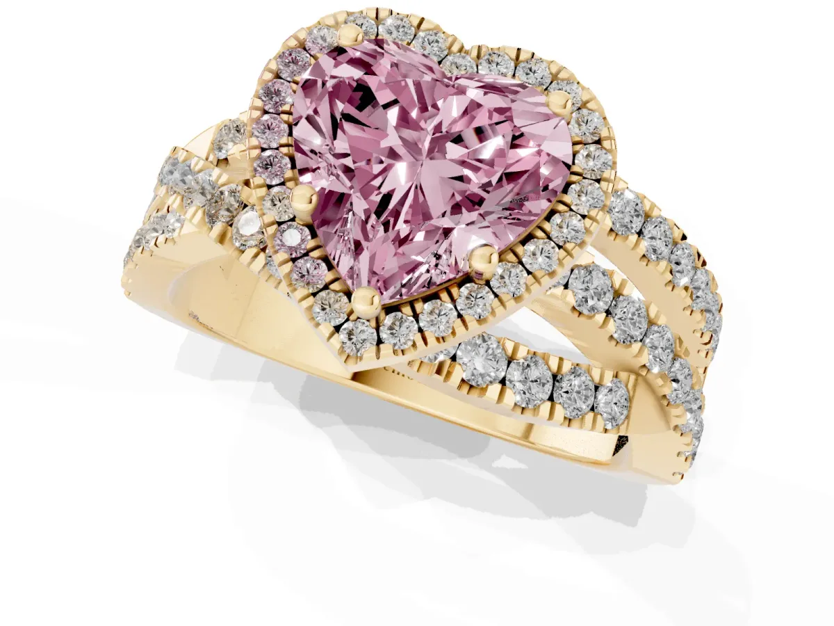 Fancy Pink Heart Cut Diamond Halo Ring with Round Split Shank and Prong Setting Yellow gold