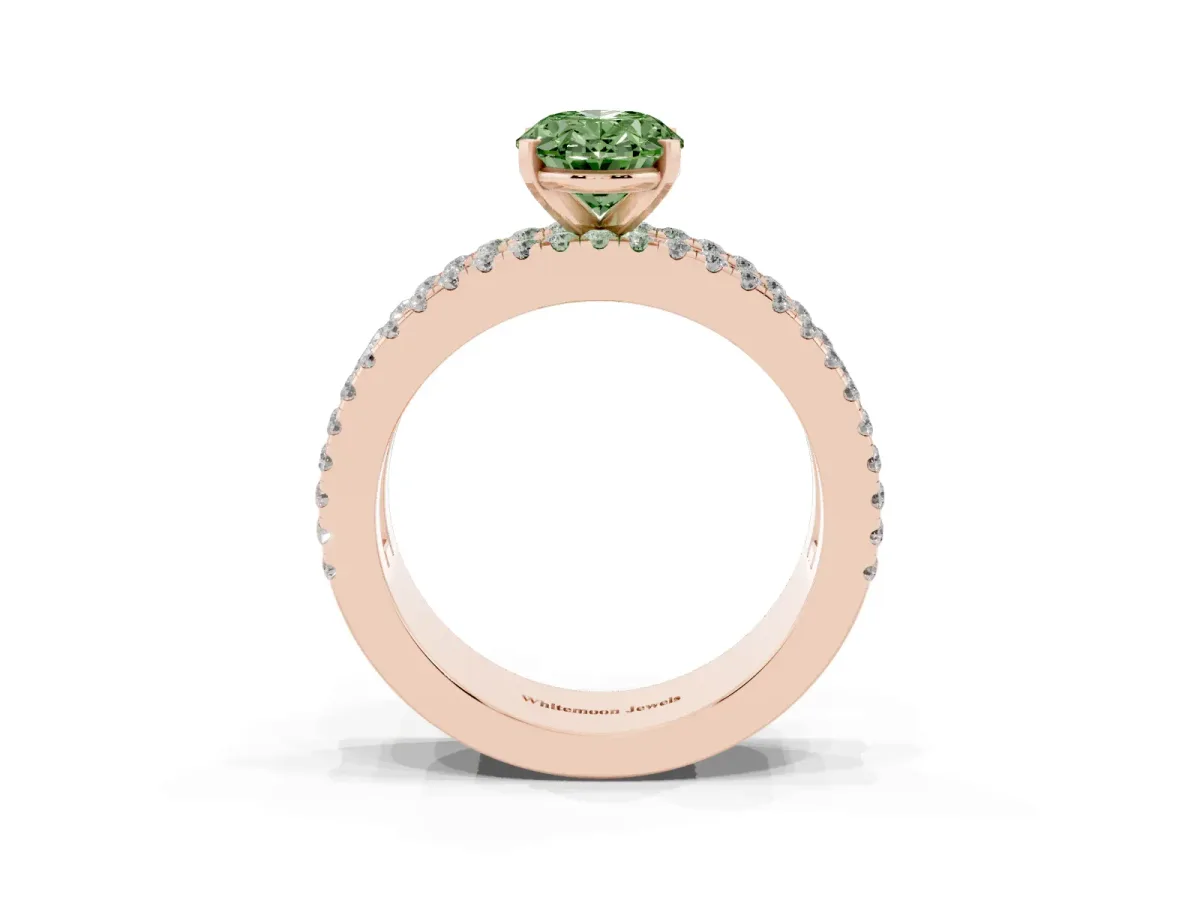 Fancy Green Oval Cut Diamond Solitaire Ring with Pavé and Channel Set Band Rose gold