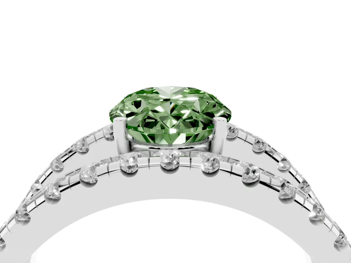 Fancy Green Oval Cut Solitaire Split Shank Pave Diamond Ring Silver