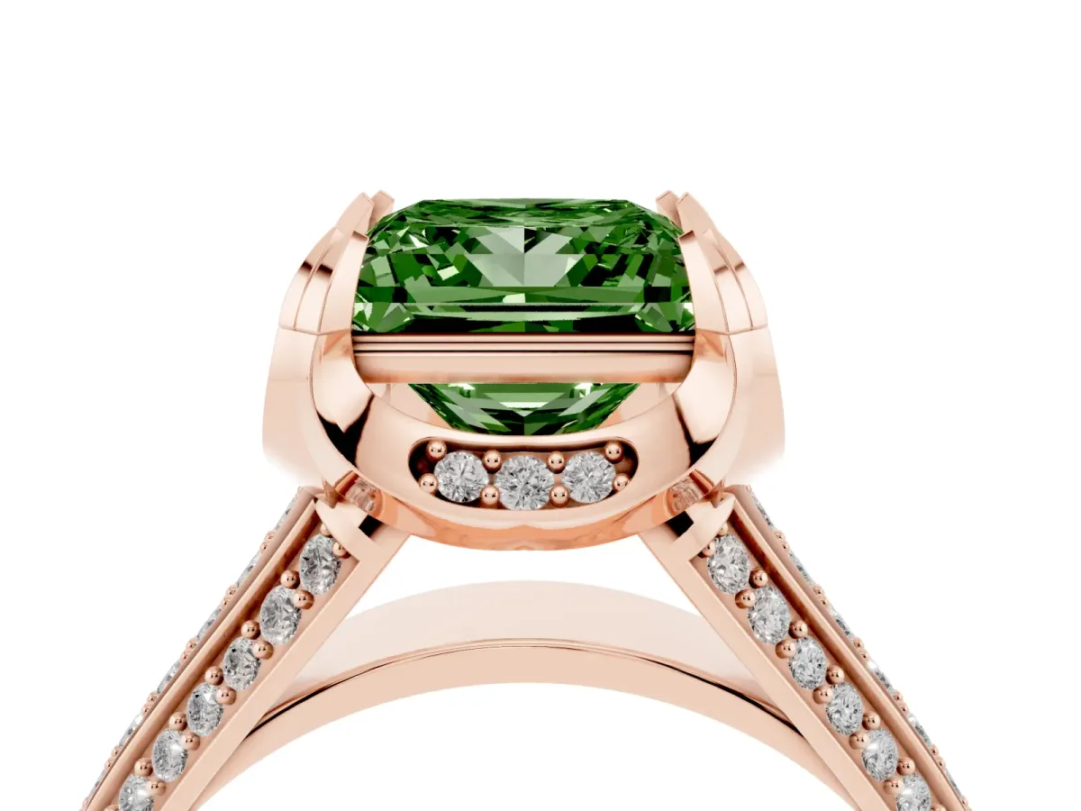 Fancy Green Princess Cut Solitaire Pave Split Shank Ring with Four-Prong Setting Rose gold
