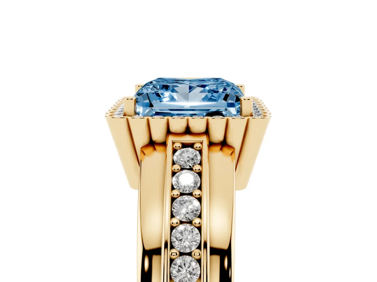 Fancy Blue Princess Cut Cut Halo Pave Band Four-Prong Ring Yellow gold