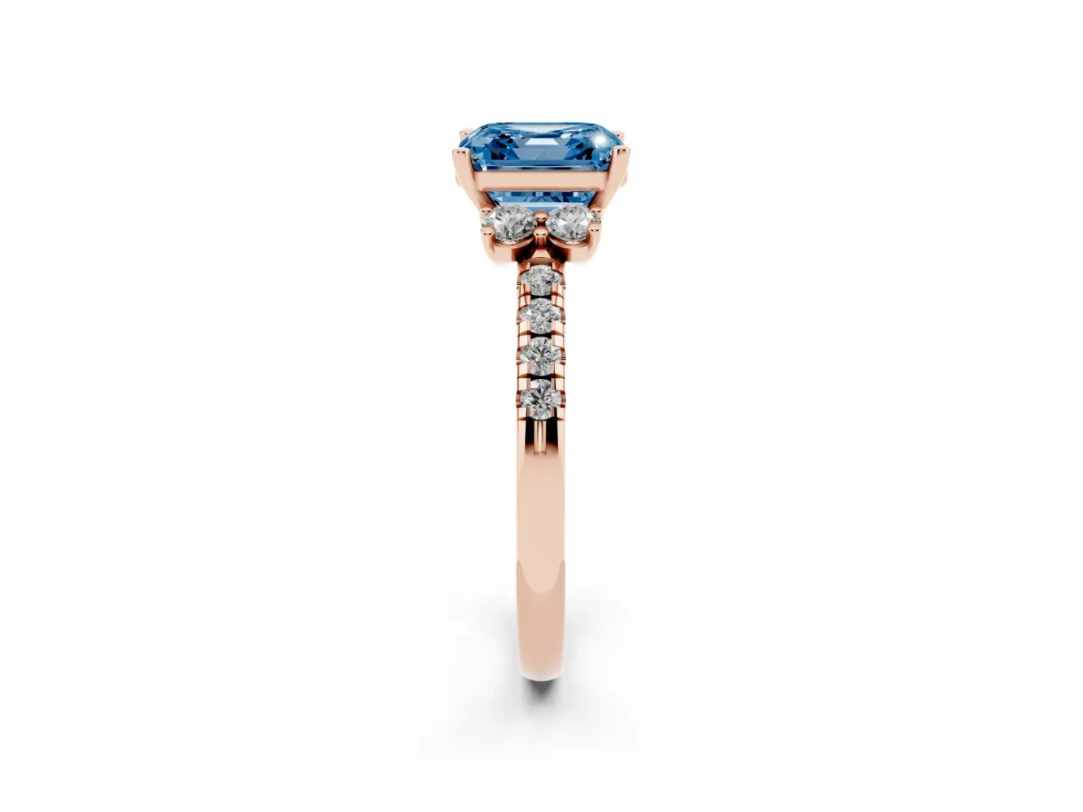 Fancy Blue Asscher Cut Diamond Three-Stone Pave Band with Four-Prong Setting Rose gold