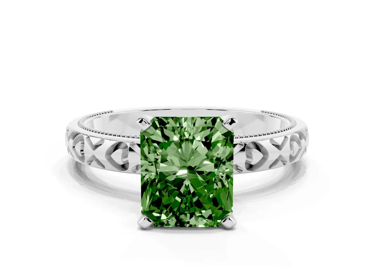 Fancy Green Radiant Cut Solitaire Diamond Engagement Ring with XO Engraved Band and Four-Prong Setting White gold