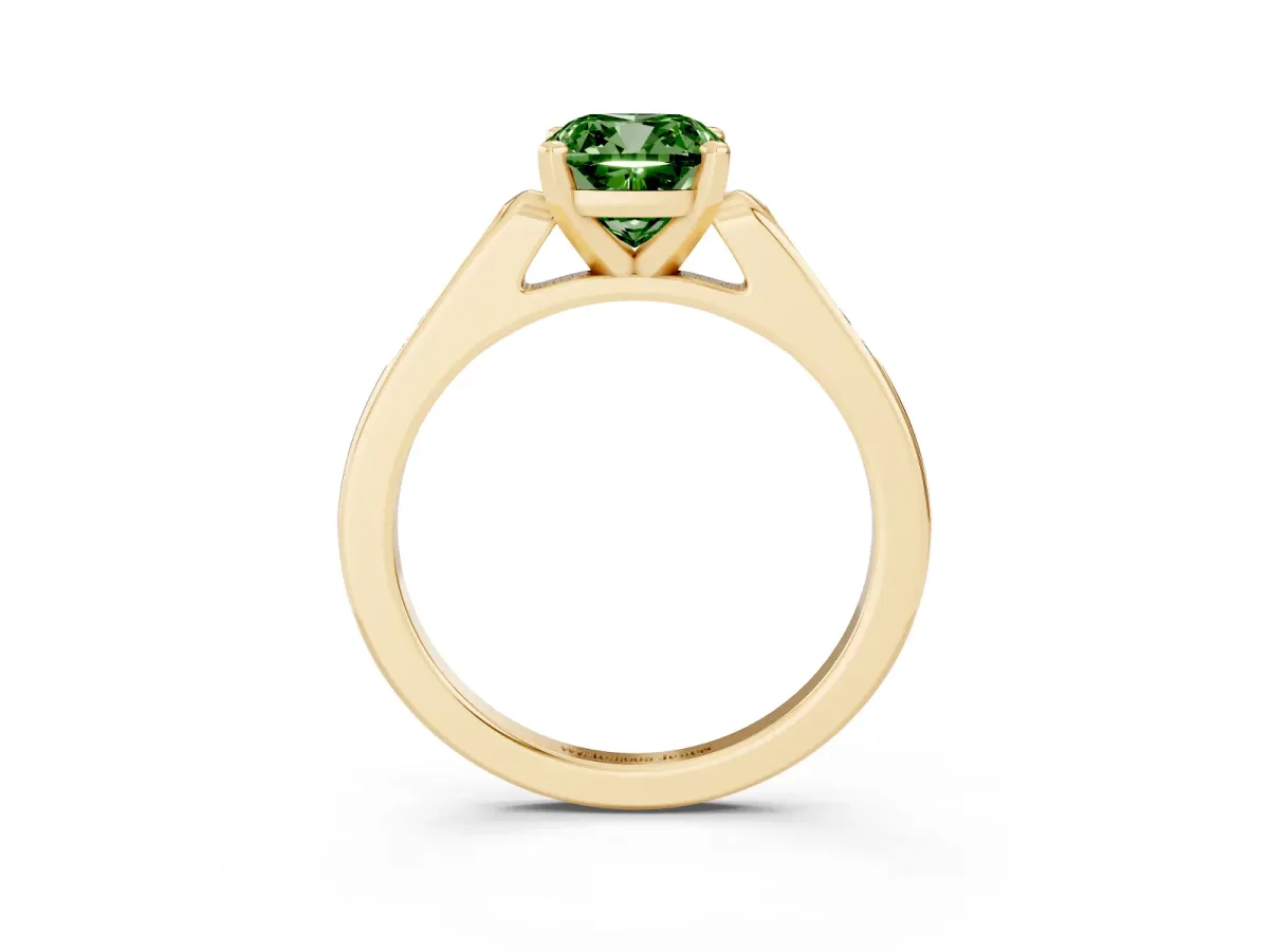 Fancy Green Cushion Cut Diamond Solitaire Ring with Channel Set Round Band and Prong Setting Yellow gold