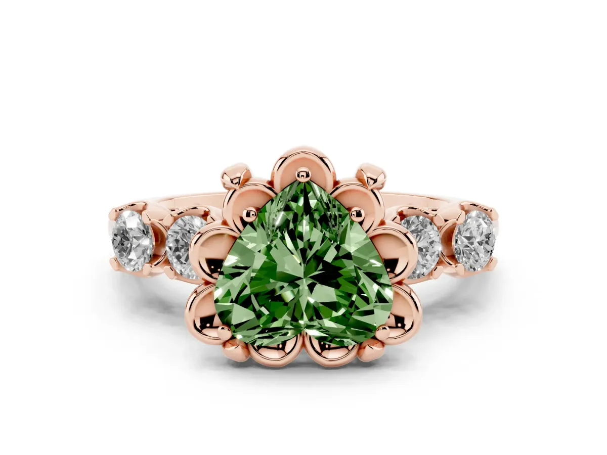 Fancy Green Heart Cut Cut Diamond Floral Halo Engagement Ring with Shared Prong Setting Rose gold