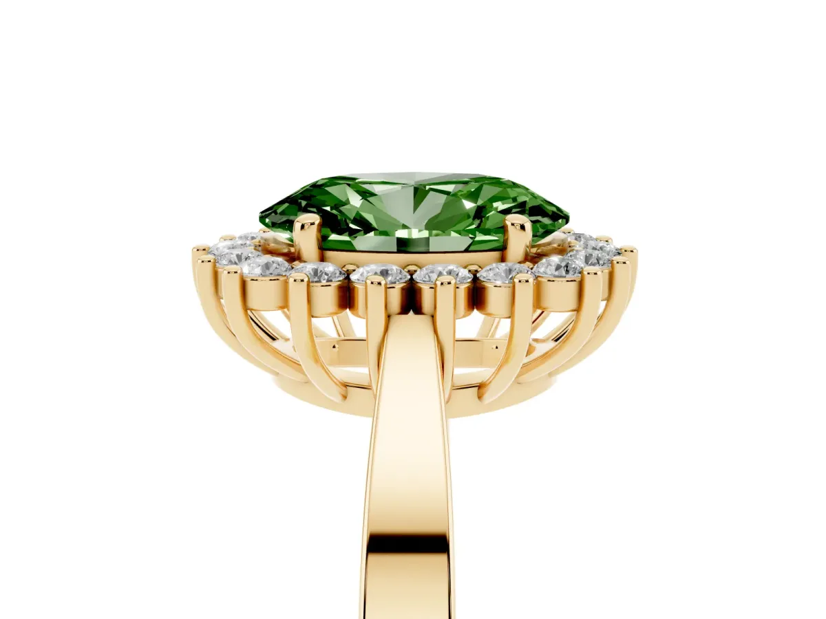 Fancy Green Oval Cut Cut Diamond Halo Ring with Round Brilliant Halo and Solitaire Band Yellow gold