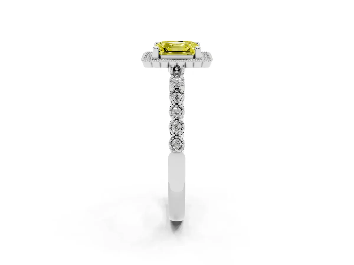 Fancy Yellow Asscher Cut Cut Halo Pavé Solitaire Ring with Milgrain Band Silver