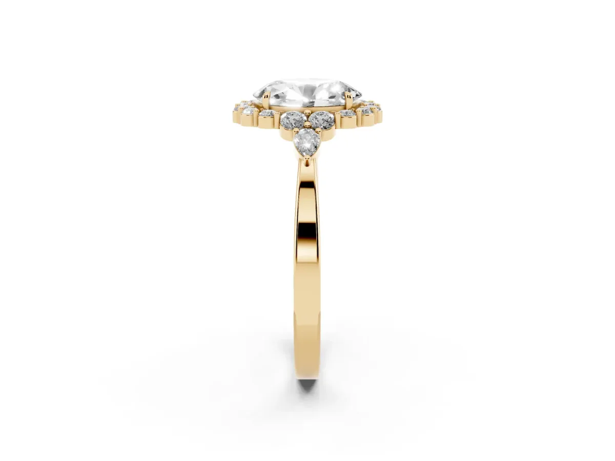 Oval Cut Diamond Halo Ring with Pear Side Stones and Prong Setting Yellow gold
