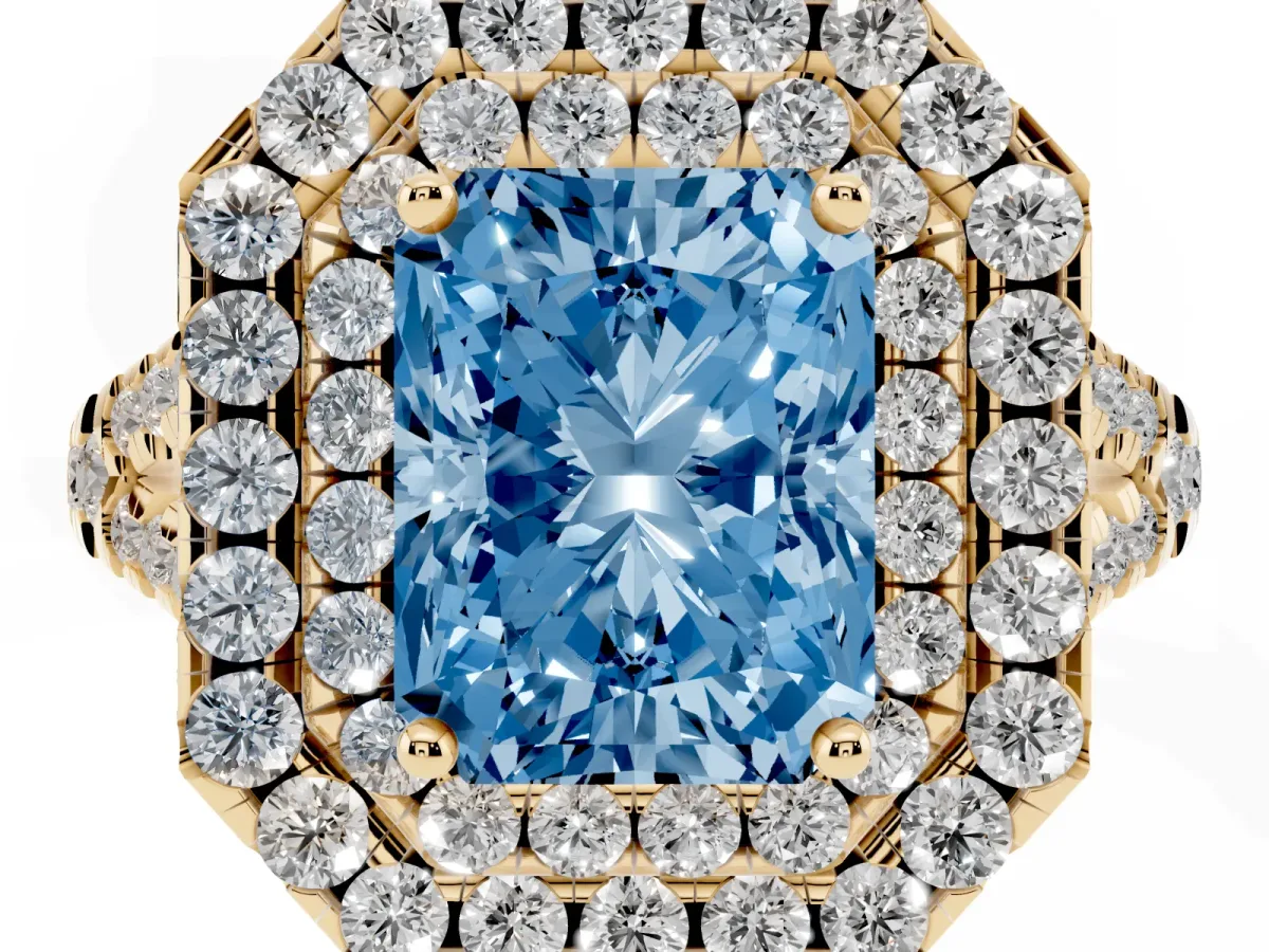 Fancy Blue Double Halo Radiant Cut Diamond Pavé Split Shank Ring with Prong Setting Yellow gold
