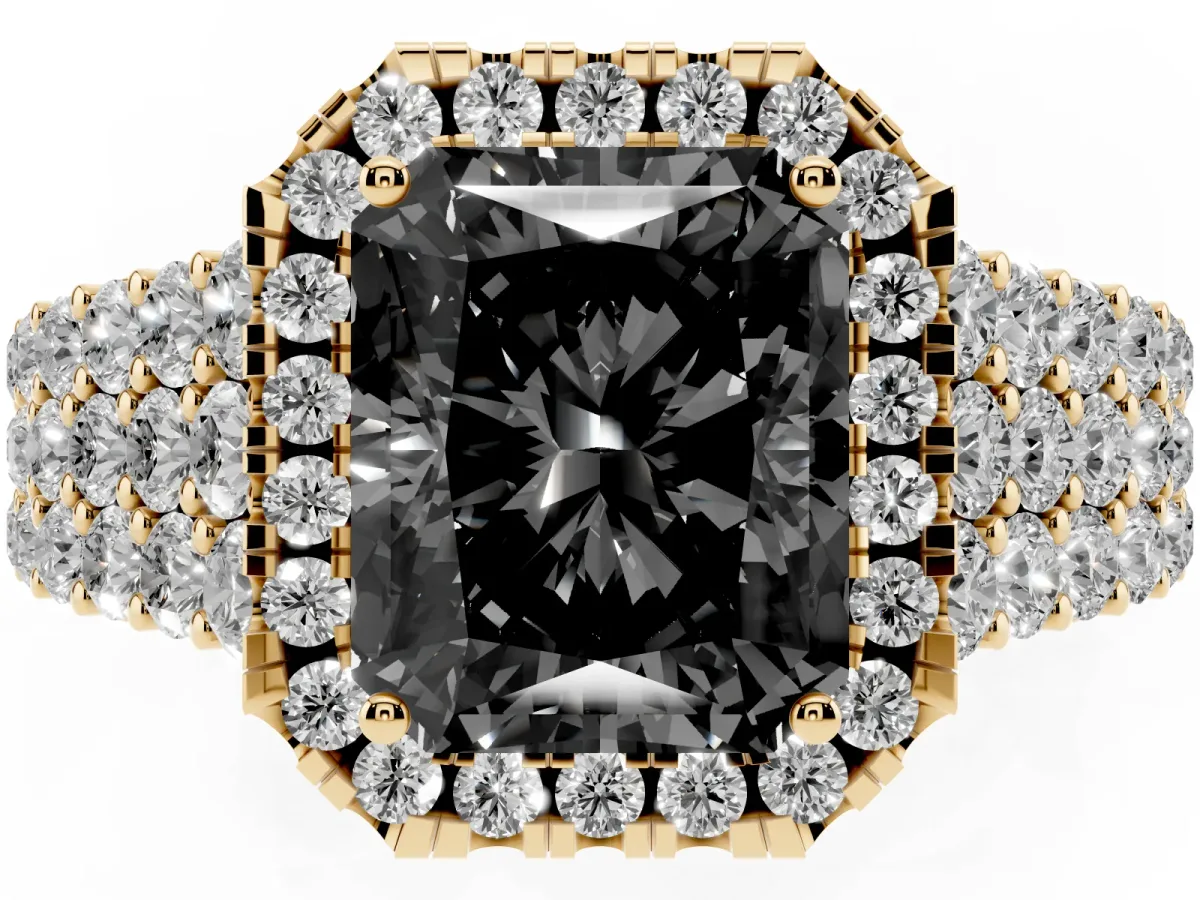 Fancy Black Radiant Cut Diamond Halo Engagement Ring with Triple Row Round Pavé Band and Prong Setting Yellow gold