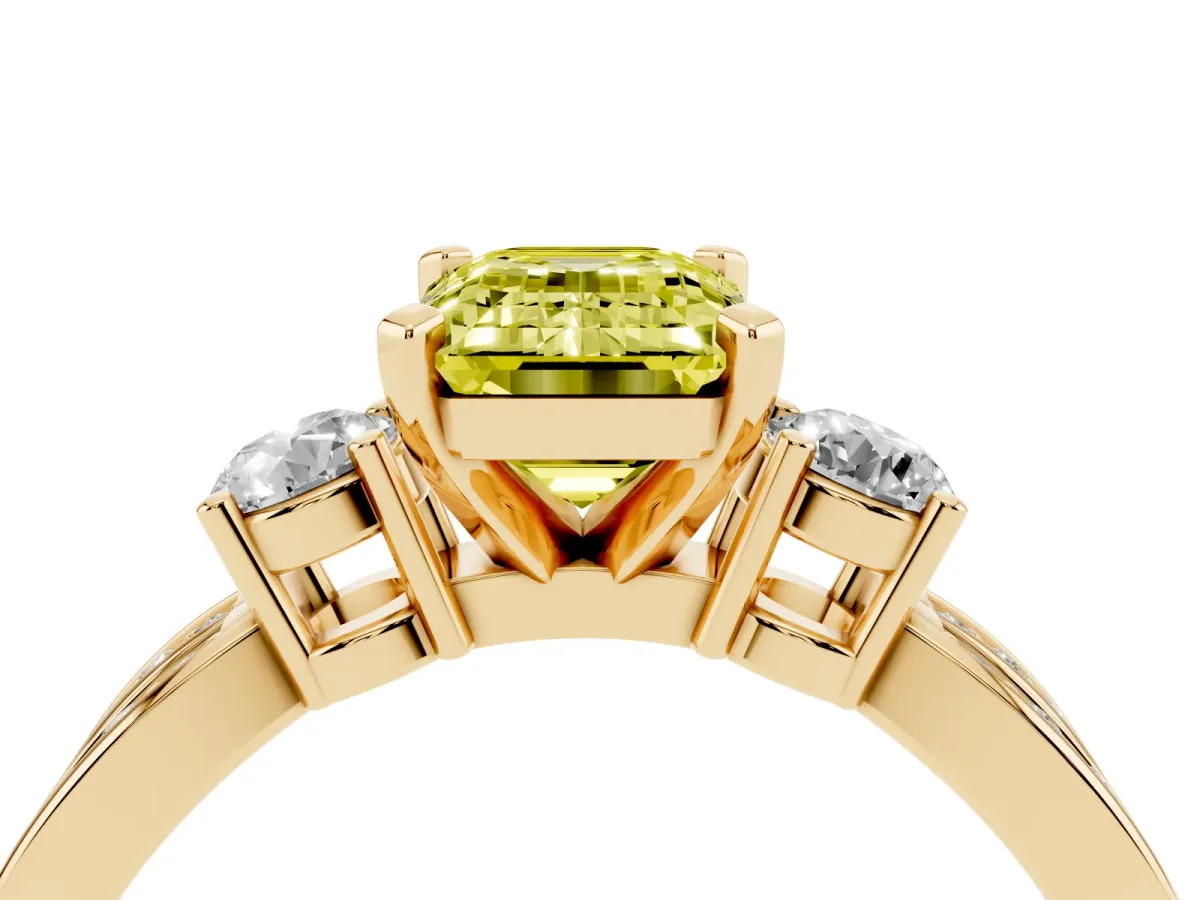 Fancy Yellow Three-Stone Emerald Cut Cut Diamond Twist Band with Prong Setting Yellow gold